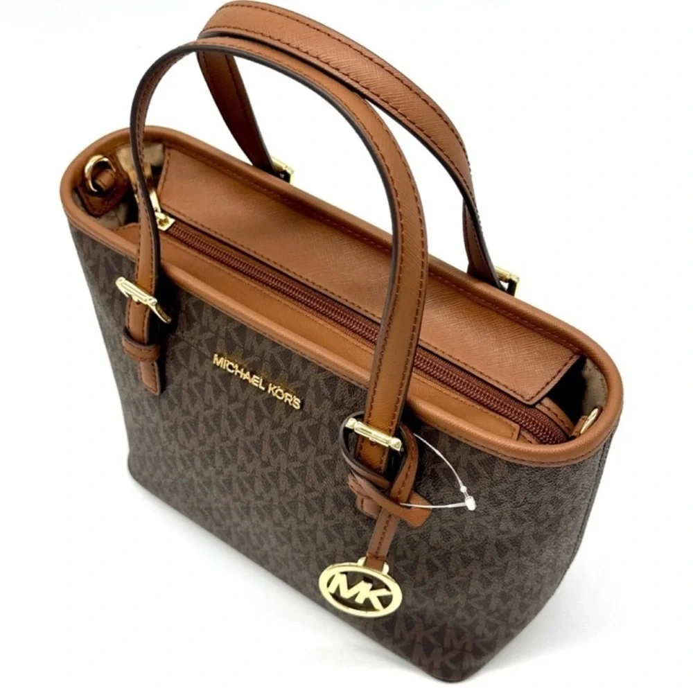 Michael Kors JST XS Logo TZ Tote Bag & Matching Trifold Wallet Signature Brown